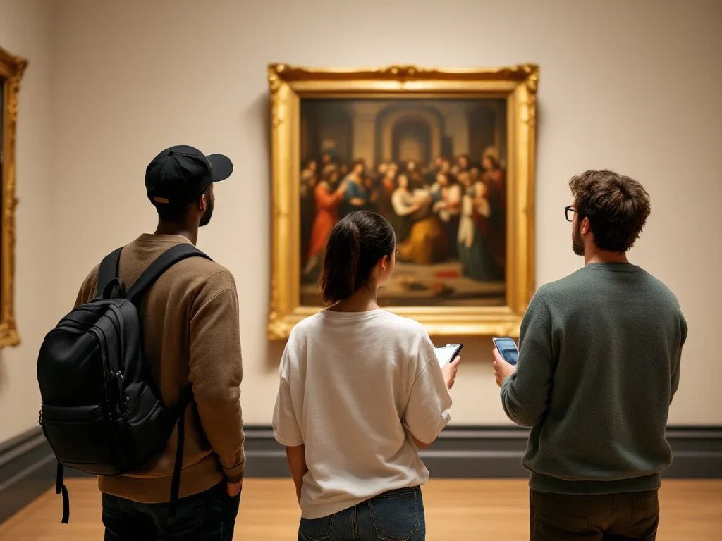 Diverse group in Christian streetwear comfortably spaced while studying Renaissance religious artwork in gallery setting