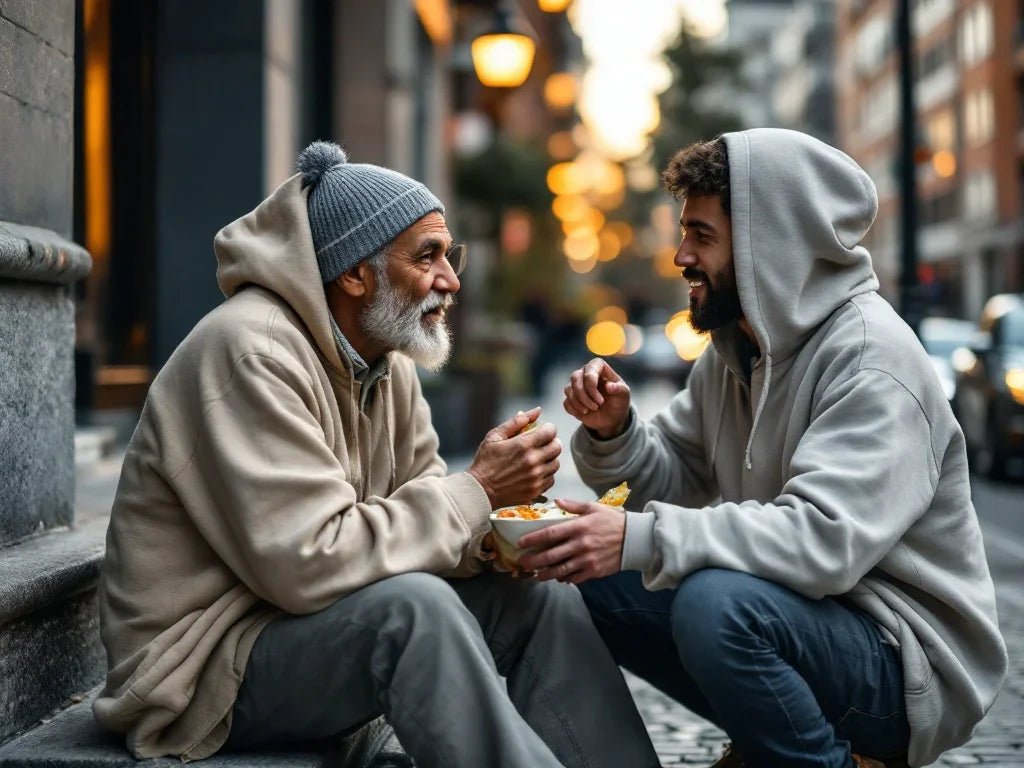 Young man in bone colored hoodie sharing meal with homeless person, demonstrating authentic Christian service and humble community engagement