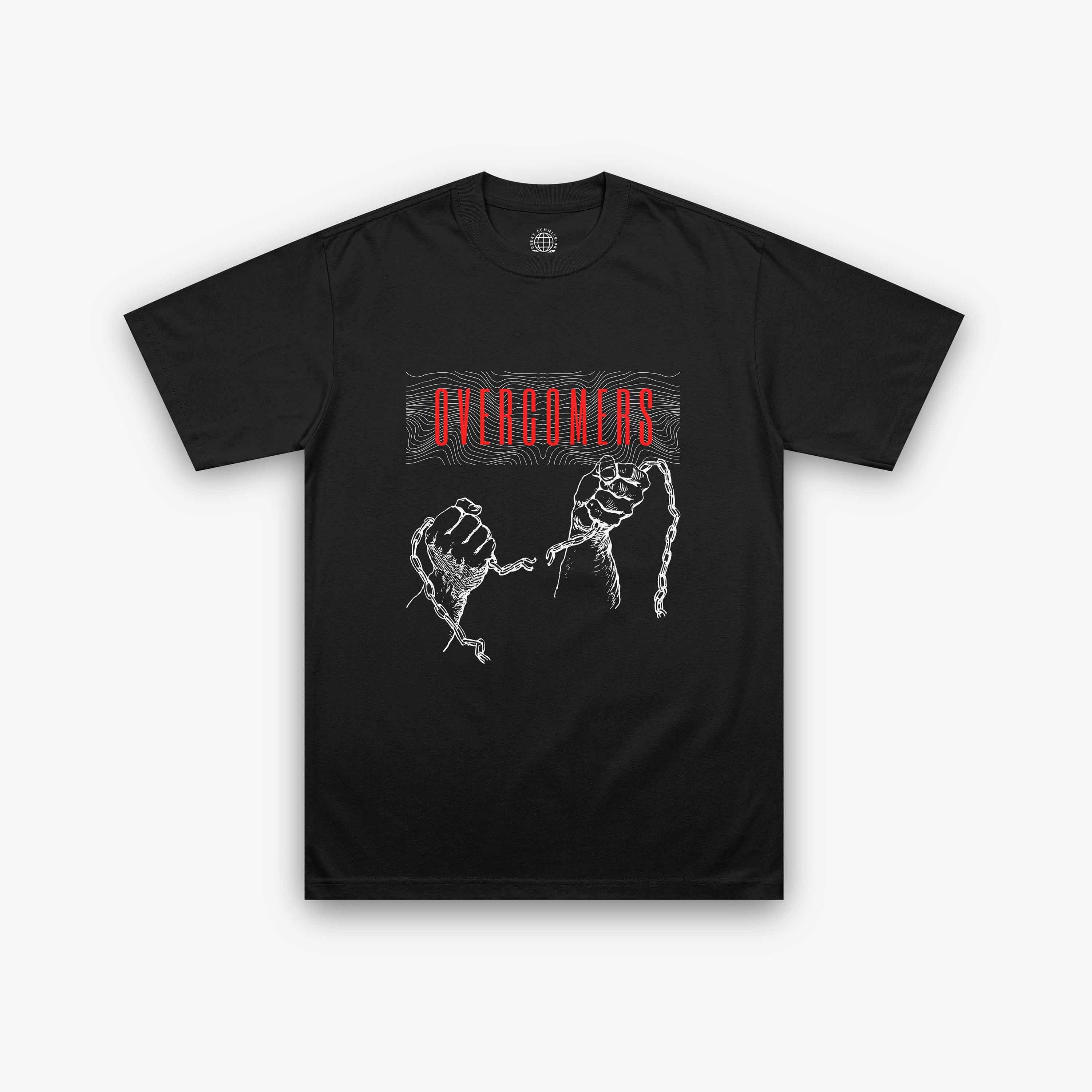 Front view of the Overcomers Red Broken Chains Christian T-Shirt in black, featuring red "OVERCOMERS" text and broken chain illustration