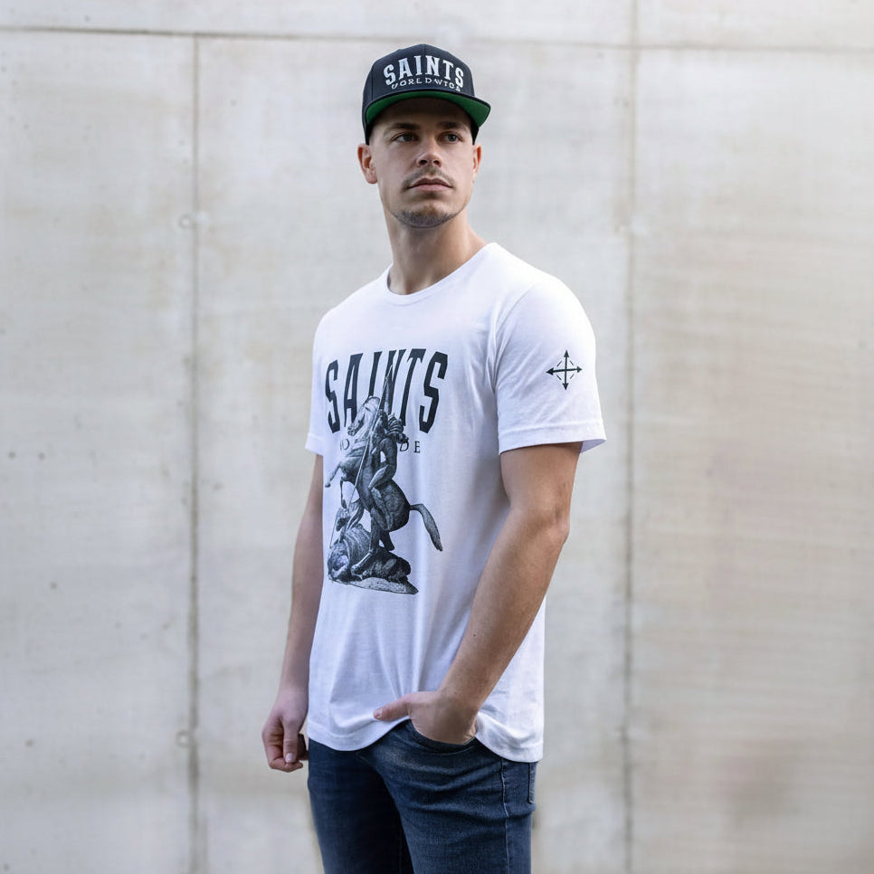 Man wearing Saints Worldwide white Christian t-shirt, front view