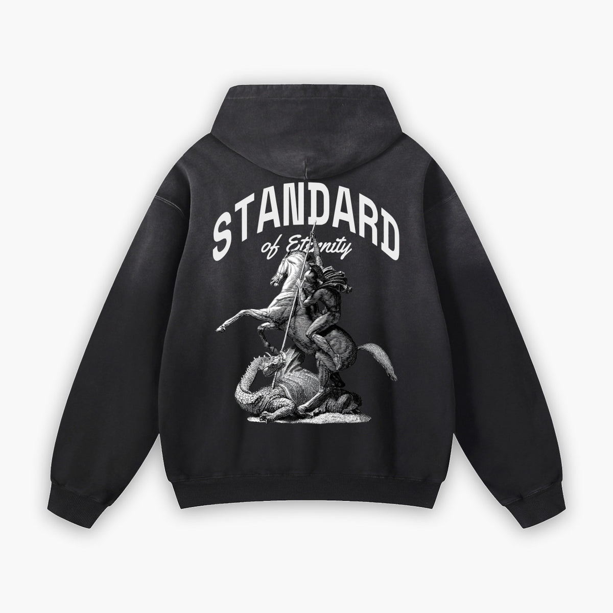Washed black heavyweight hoodie, back, STANDARD of Eternity with St George and the dragon