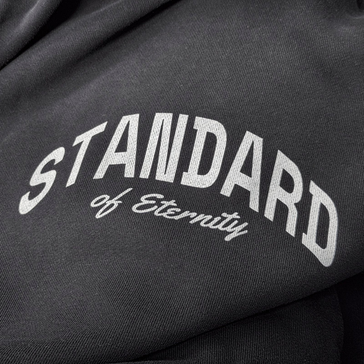 Close-up of the STANDARD of Eternity chest print on the STANDARD Hoodie in washed black