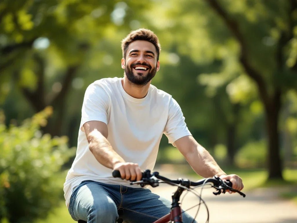 Man in a white t-shirt, smiling on his bike at a park, surrounded by sunny greenery, symbolising happiness and freedom