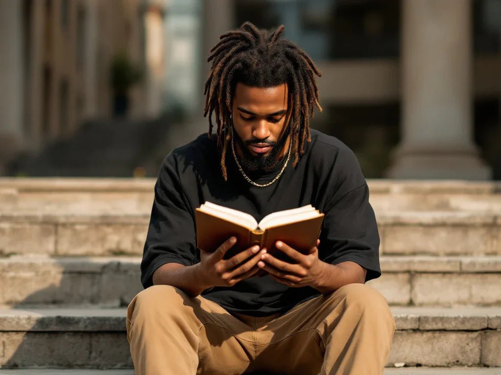 Young person reading Bible in urban setting demonstrating biblical patience through peaceful meditation, modern streetwear lifestyle photography
