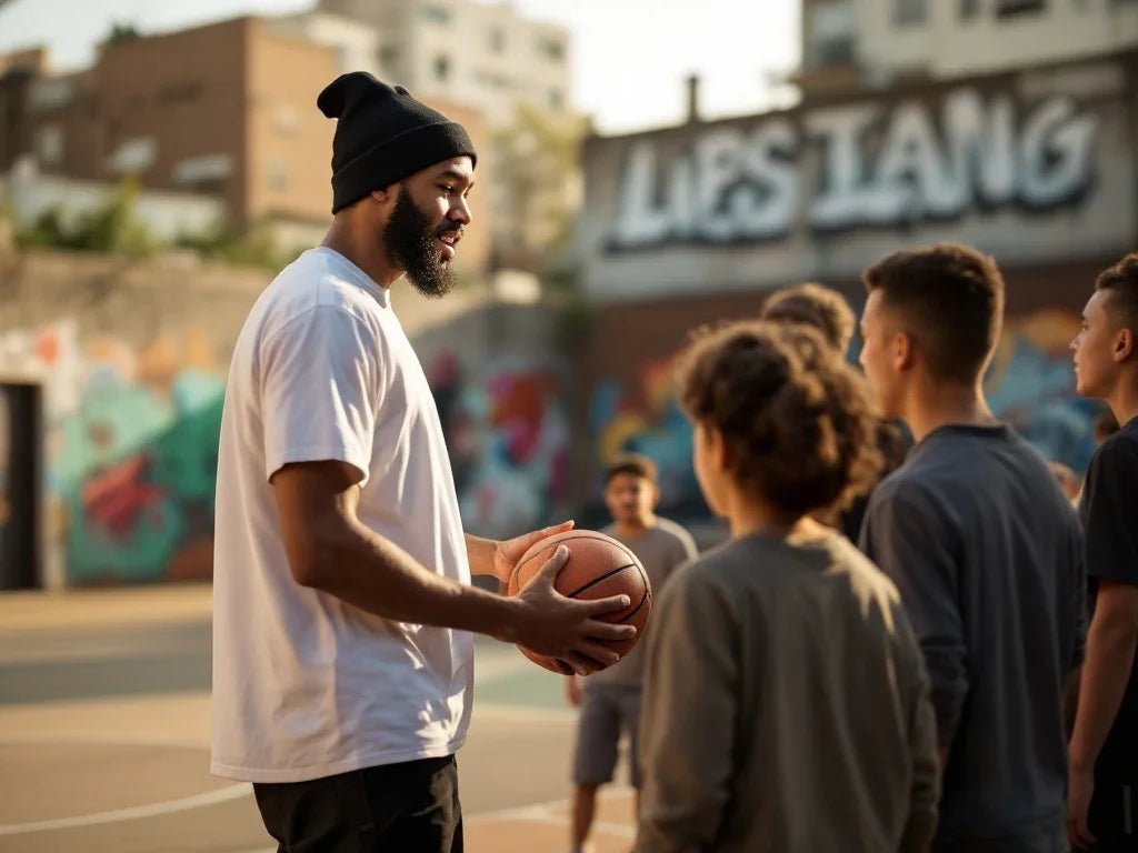 Young man in Christian streetwear teaching basketball to youth, modern interpretation of Parable of the Sower through mentoring and community leadership
