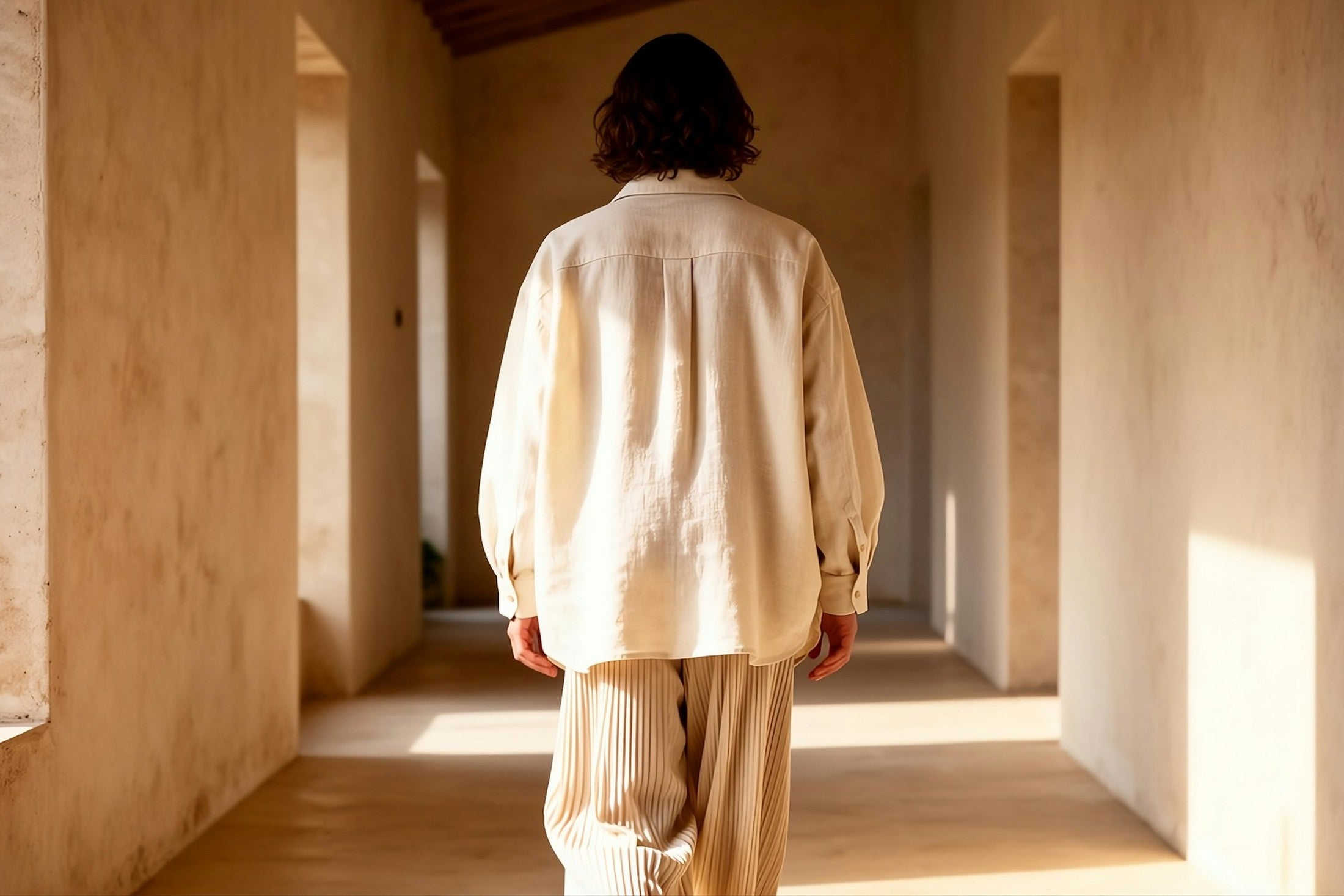 Person in a loose cream linen shirt and trousers walking a sunlit stone corridor