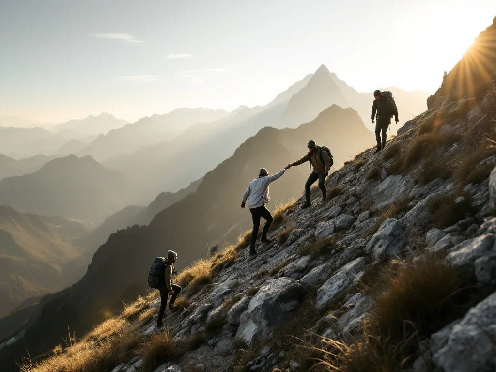Group climbing at different stages of mountain ascent, wearing minimal streetwear, representing stages of spiritual growth and progress