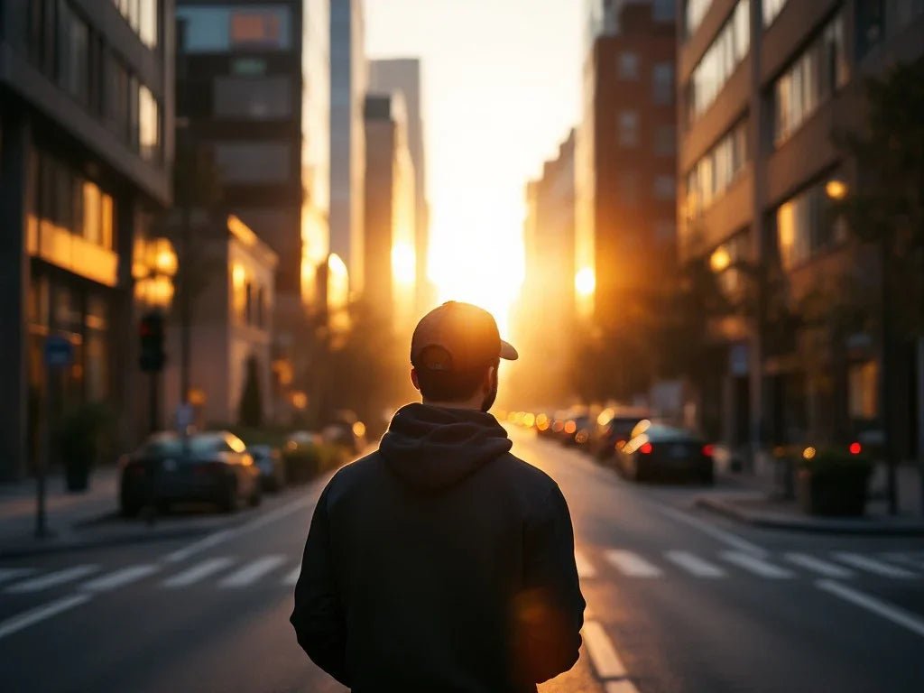 Person in Christian streetwear following illuminated urban path, representing trust in God's timing and divine guidance