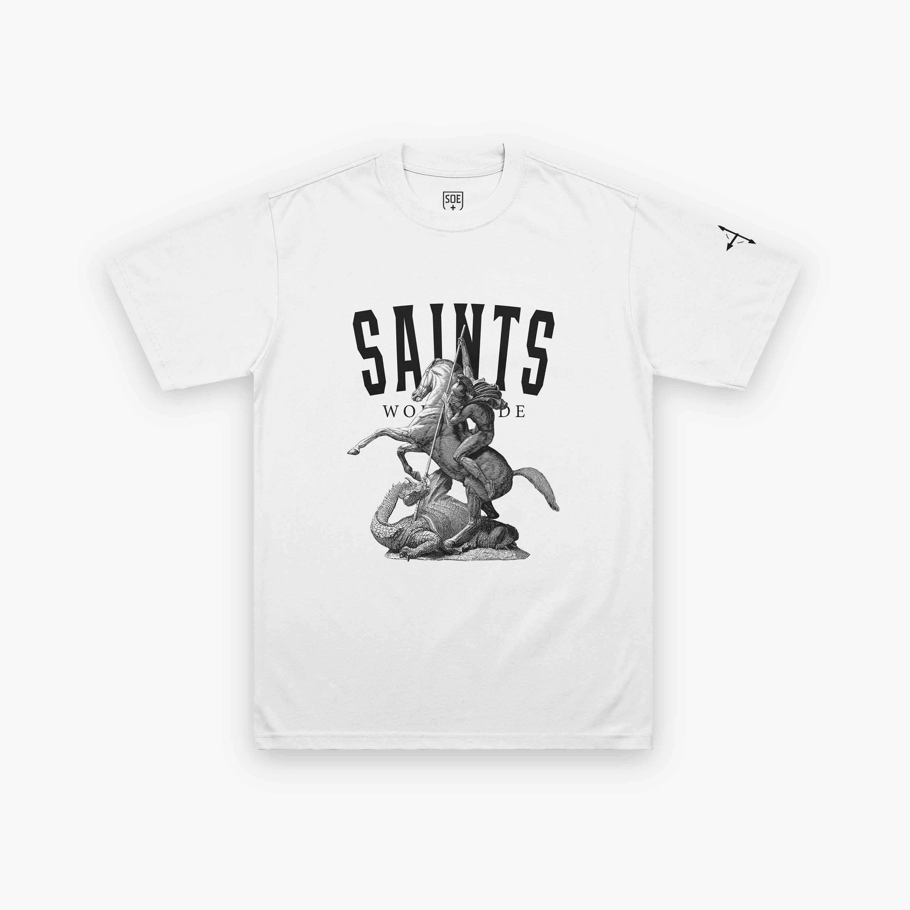Flatlay of Saints Worldwide white t-shirt with Saint George design