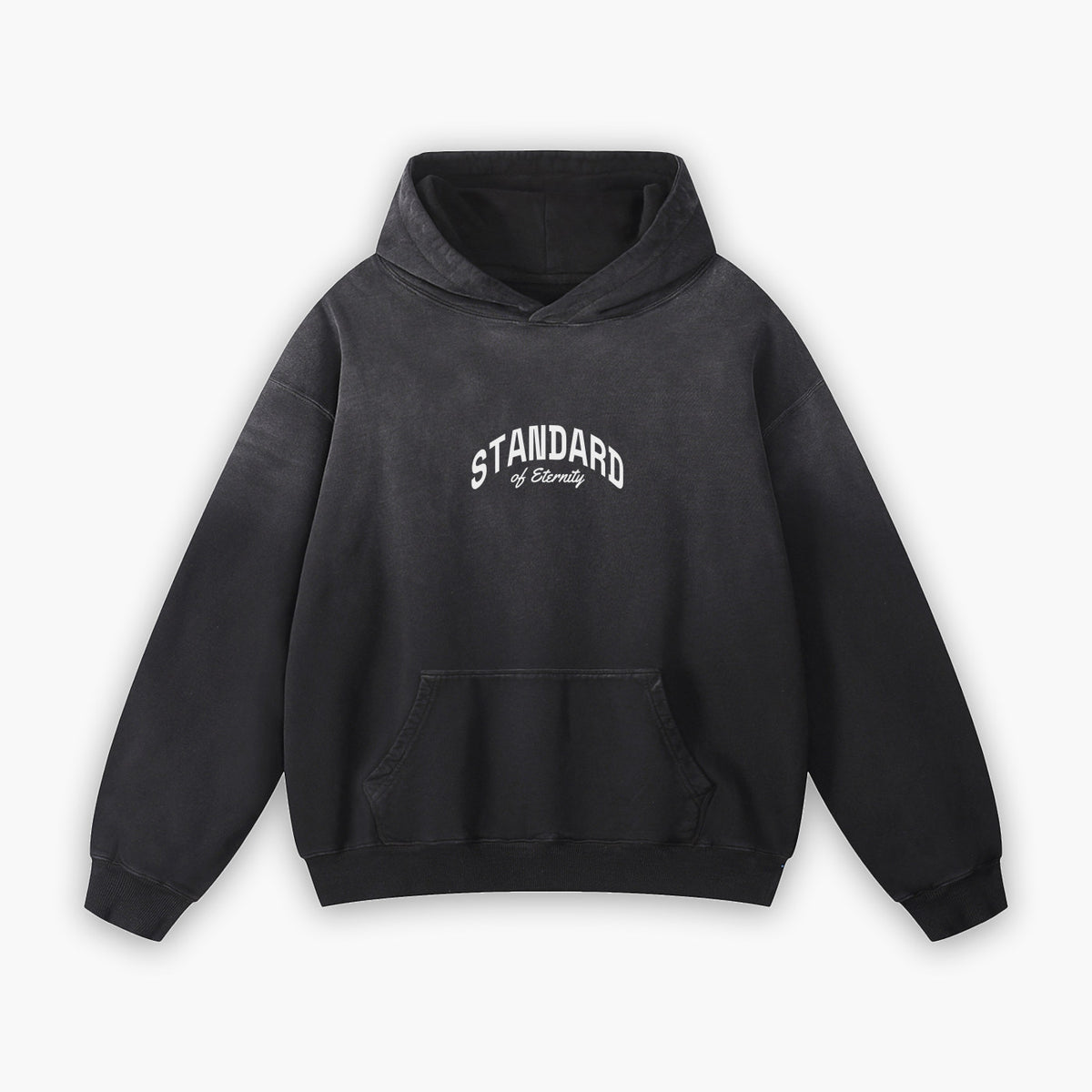 Washed black heavyweight hoodie, front, small STANDARD of Eternity wordmark on the chest